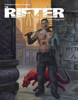 Rifter 84 cover, an Atlantean Undead Slayer tattooed man with a sword and a small dragon behind him