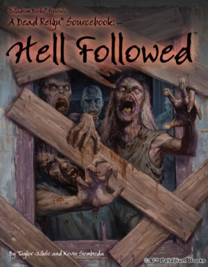 the cover of Dead Reign's Hell Followed, shows a boarded up window with zombies trying to break through