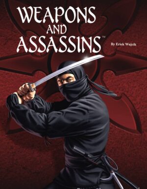 the cover of Weapons and Assassins, shows a ninja with a katana on a red background