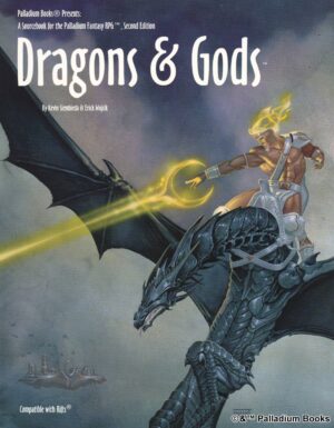 the cover of Palladium Fantasy's Dragons and Gods, shows a god with yellow hair blasting a yellow energy beam while riding a black dragon in a storm