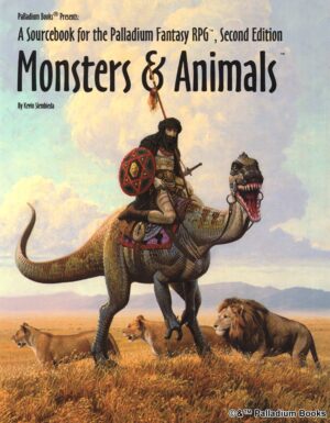 the cover of Palladium Fantasy's Monsters and Animals, shows a man riding a dinosaur as lions walk the plains behind them