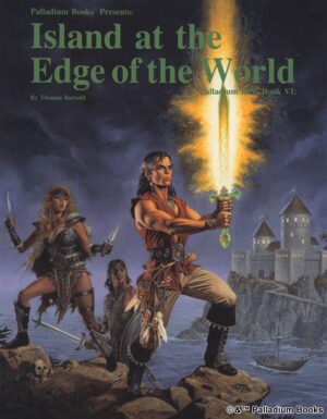 the cover of Palladium Fantasy's Island at the edge of the world, shoes a man with a magic sword standing on some rocks while his adventuring party follows him, behind them in the distance is a castle
