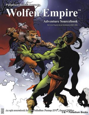 the cover for Palladium Fantasy's Wolfen Empire, shows a wolfen with an axe attacking a green demon with rams horns and a hammer