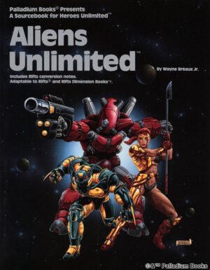 the cover for Heroes Unlimited: Aliens Unlimited, shows a collection of different super powered aliens