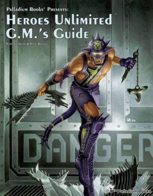 the cover of Heroes Unlimited Game Master Guide, shows a super hero breaking through the floor, morning star in hand
