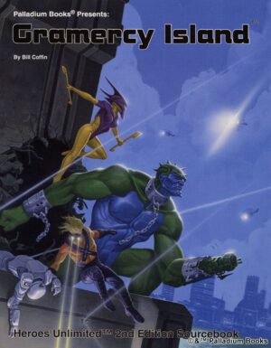 the cover of Heroes Unlimited: Gramercy Island, shows several super beings escaping a maximum security prison