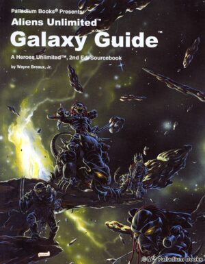 the cover of Heroes Unlimited: Aliens Unlimited Galaxy Guide, shows several aliens lying in wait on asteroids
