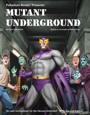 the cover of Heroes Unlimited: Mutant Underground, shows a super hero guarding mutans in an underground hallway