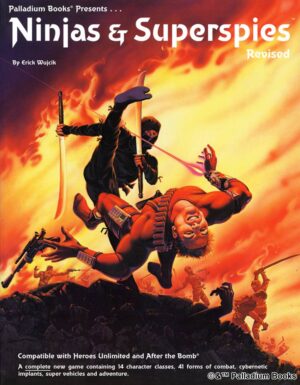 the cover of Ninjas and Superspies, shows a ninja kicking a spy in the middle of a fiery battlefield