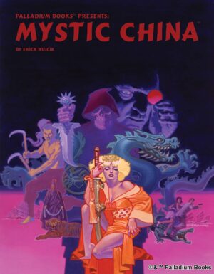 the cover of Ninjas and Superspies Mystic China, shows various asian figures on a black and pink background. A dragon, a man with sickles, death, and a woman with a sword in an asian dress