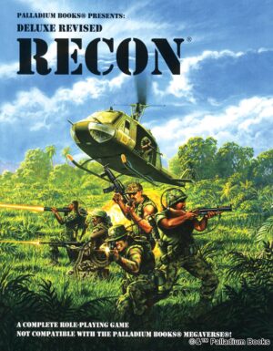 the cover for Deluxe RECON, Revised, shows a scene from vietnam as american soldiers exit a helicopter and shoot into the jungle