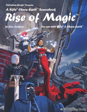 the cover of Rifts Chaos Earth: Rise of Magic, shows a court made of the ruins of a city, in it, the king is a body with a floating red skull and a sword, a woman casting magic in a red dress, and another man in black armor with a large sword