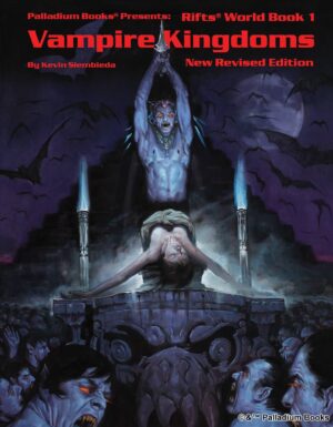 the new cover of Rifts World book 1: Vampire Kingdoms Revised, shoes a woman tied to a sacrificial altar while a vampire man holds a knife high above his head, ready to stab her