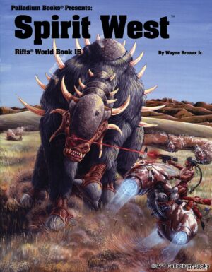 the cover of Rifts world book 15 Spirit West, shows a native american warrior on a hover cycle attacking a huge spiked buffalo-like beast