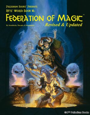 the cover of Rifts world book 16 Federation of Magic, shows an evil summoner summoning demons from a pit