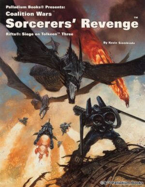 the cover for Rifts coalition wars 3 Sorcerers Revenge, shows dragons attacking coalition samas and sky cycles