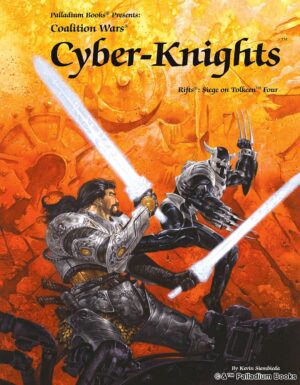 the cover for Rifts coalition wars 4 Cyber-Knights, shows a cyber knight with two swords fighting a coalition juicer