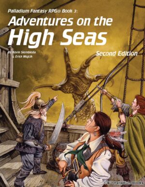 the cover of Palladium Fantasy RPG's book 3: Adventures on the High Seas, shows a group of adventurers on a boat a s a large hand raises out of the yellow mist of the water around them