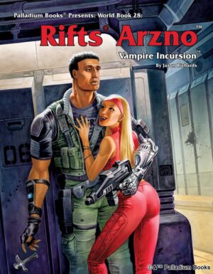 the cover of Rifts World book 28 Arzno, shows a mercenary under the influence of a female vampire in hot pink workout clothes