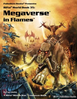 the cover of Rifts World Book 35 Megaverse in Flames, shows demons from hades attacking Coalition States troops