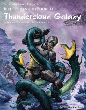 the cover of Rifts Dimension book 14, Thundercloud galaxy, shows a man in body armor fighting a hydra alien as it tries to eat him