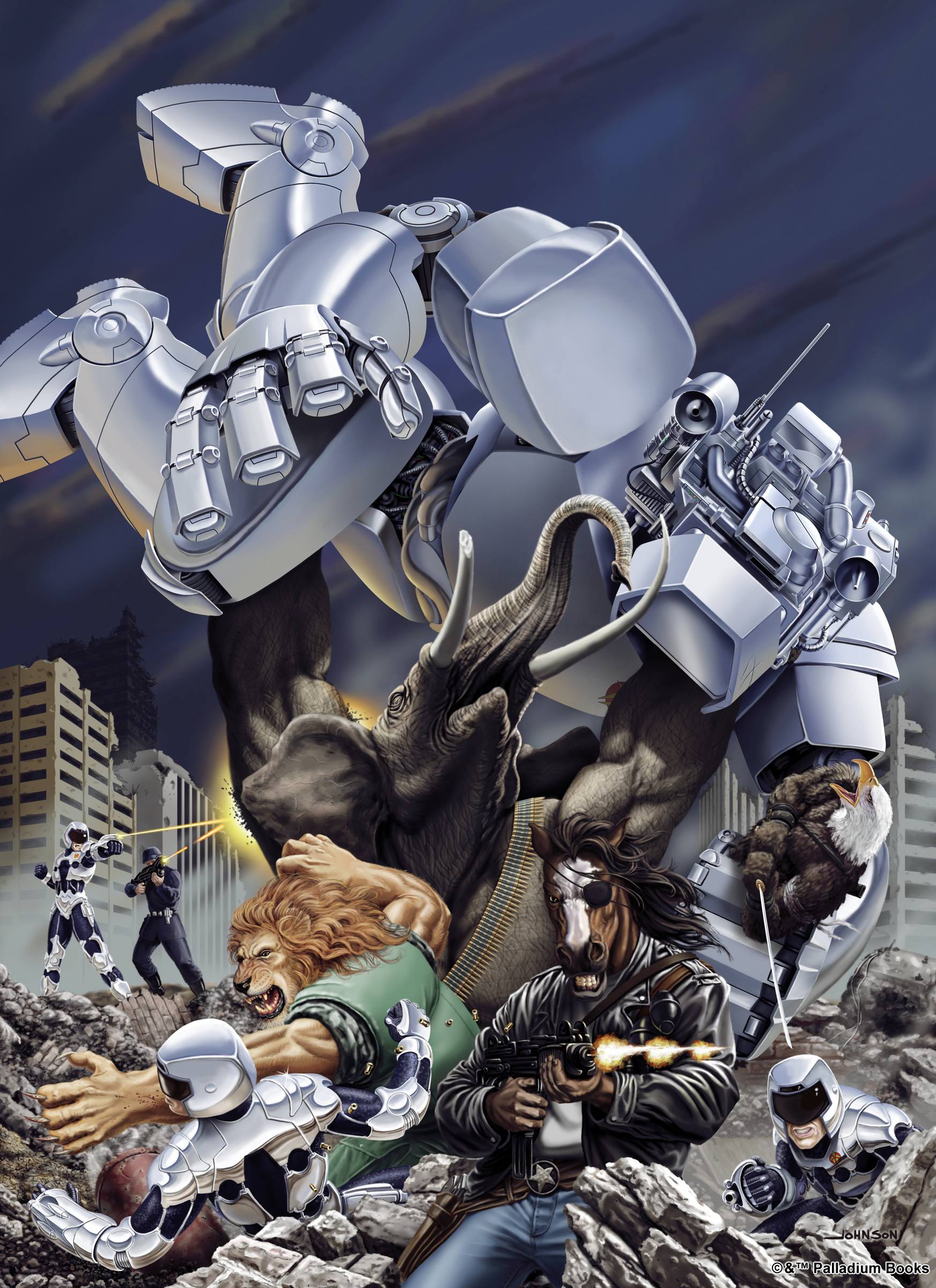 the cover artwork for After The Bomb, shows several mutant animals fighting robot power armor from the Empire of Man