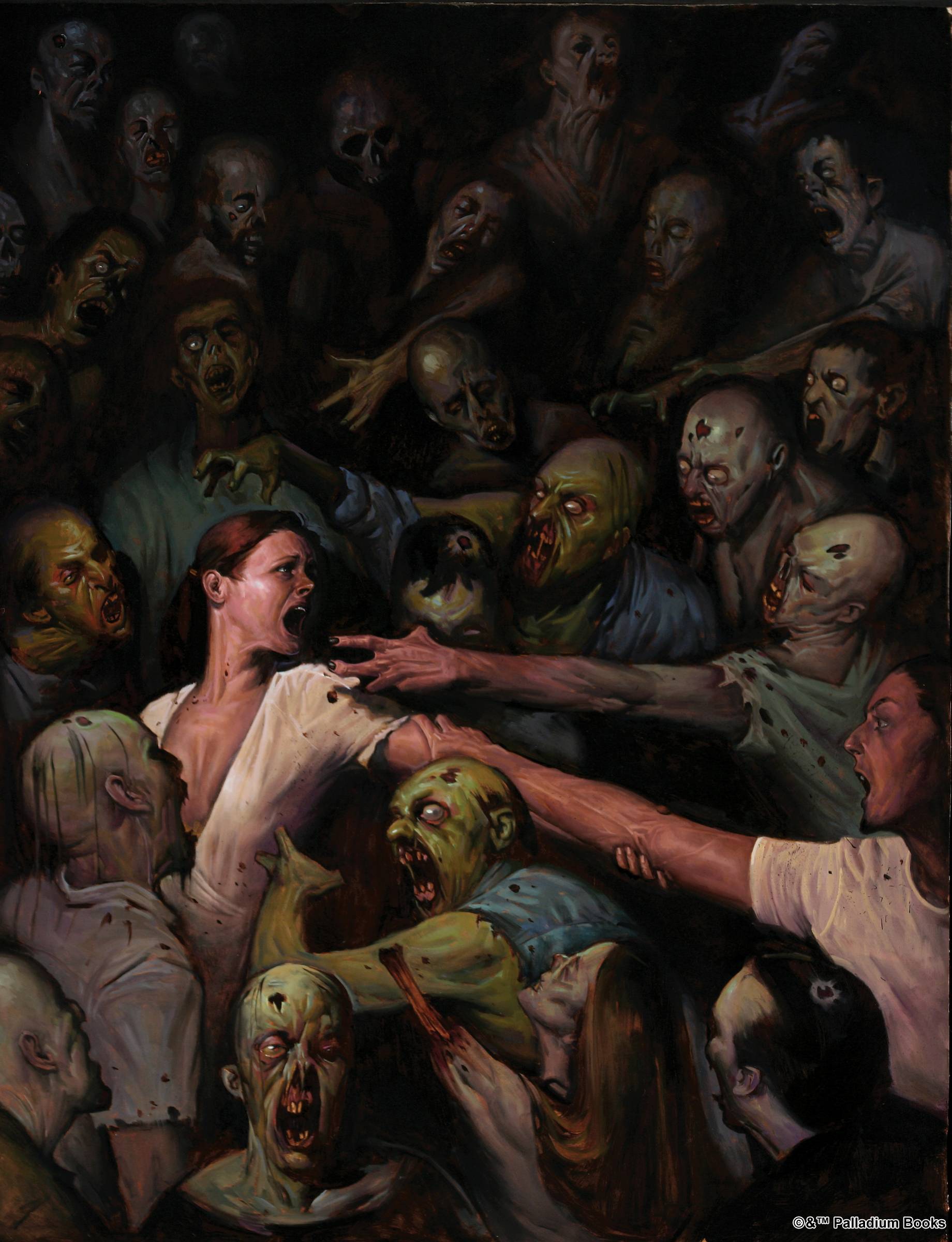 the cover for Dead Reign, a woman screams as she is surrounded by a hoard of zombies