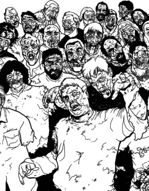 a black and white drawing of a hoard of zombies (includes many palladium staff, writers and artists