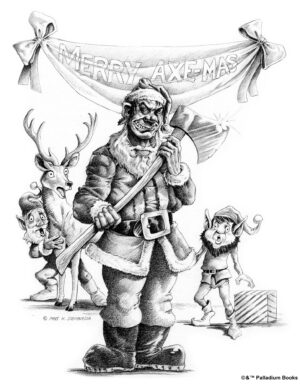 a kevin siembieda black and white artwork of a man in a santa suit with an axe, a gremlin in an elf costume and a scared reign deer