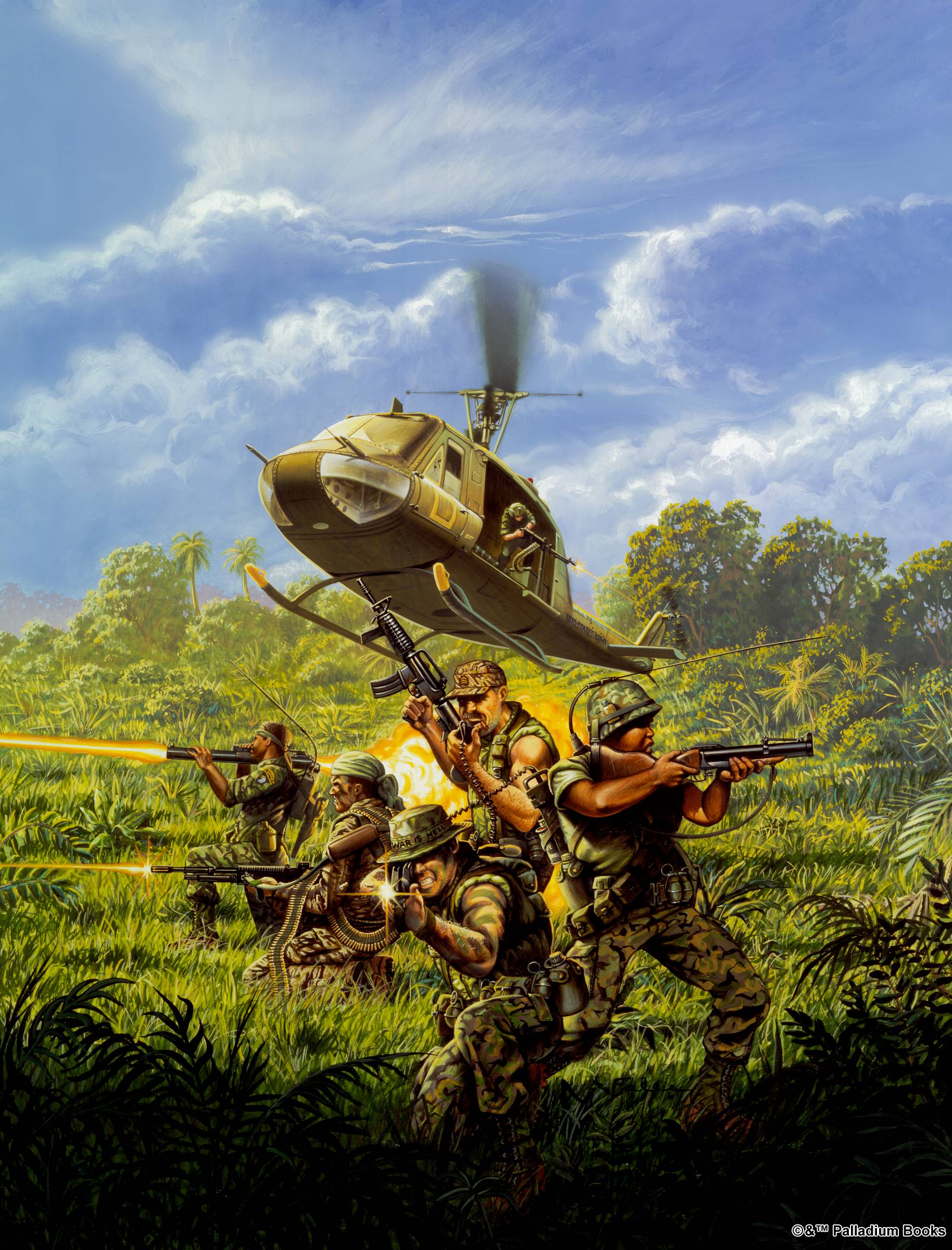 the cover artwork of RECON, shows US soldiers in Vietnam exiting a helicopter