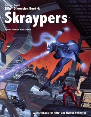 The cover of Rifts Dimension Book 4 Skraypers, it shows a skrayper super hero firing an energy beam firing out of her mouth as another man in red sneaks up behind her