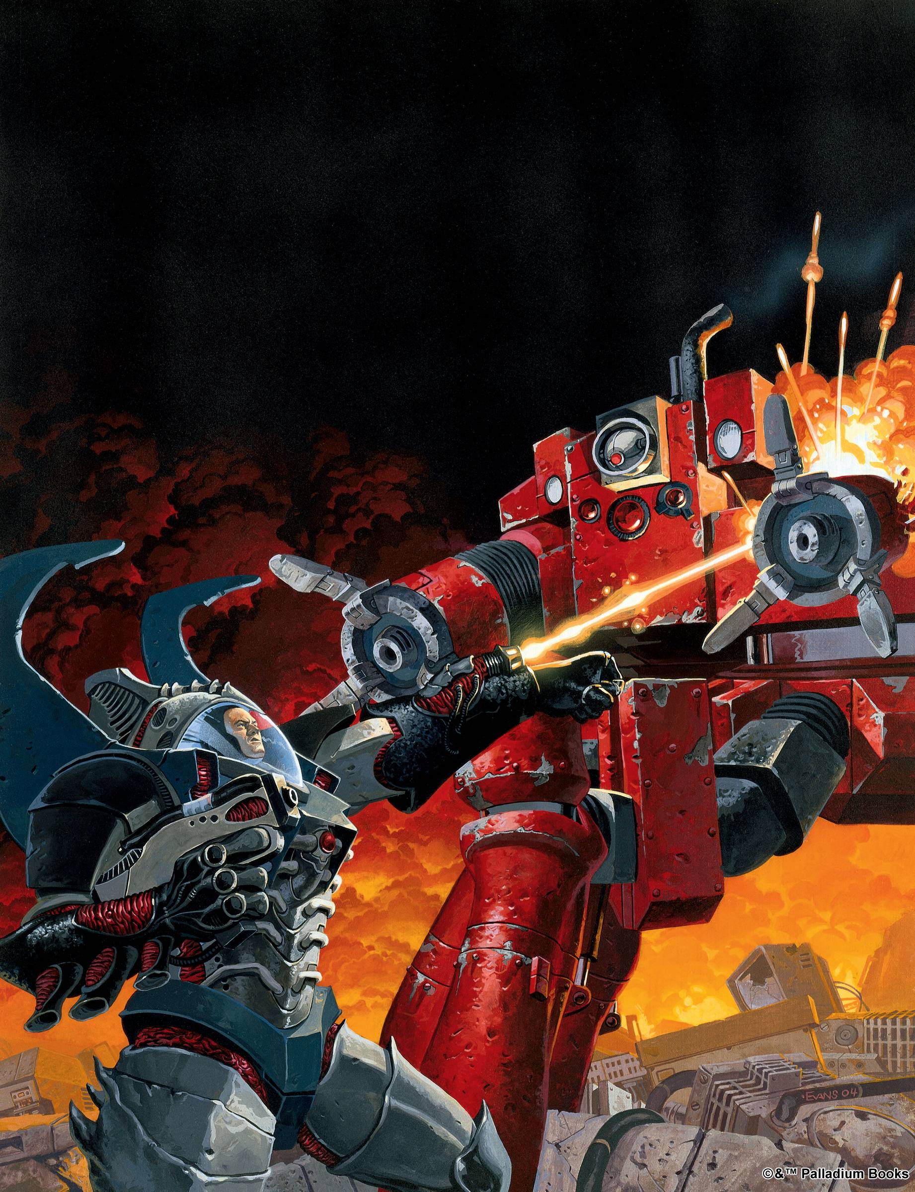 the artwork for the Splicers RPG Hardcover, an organic warrior fighting a mecha