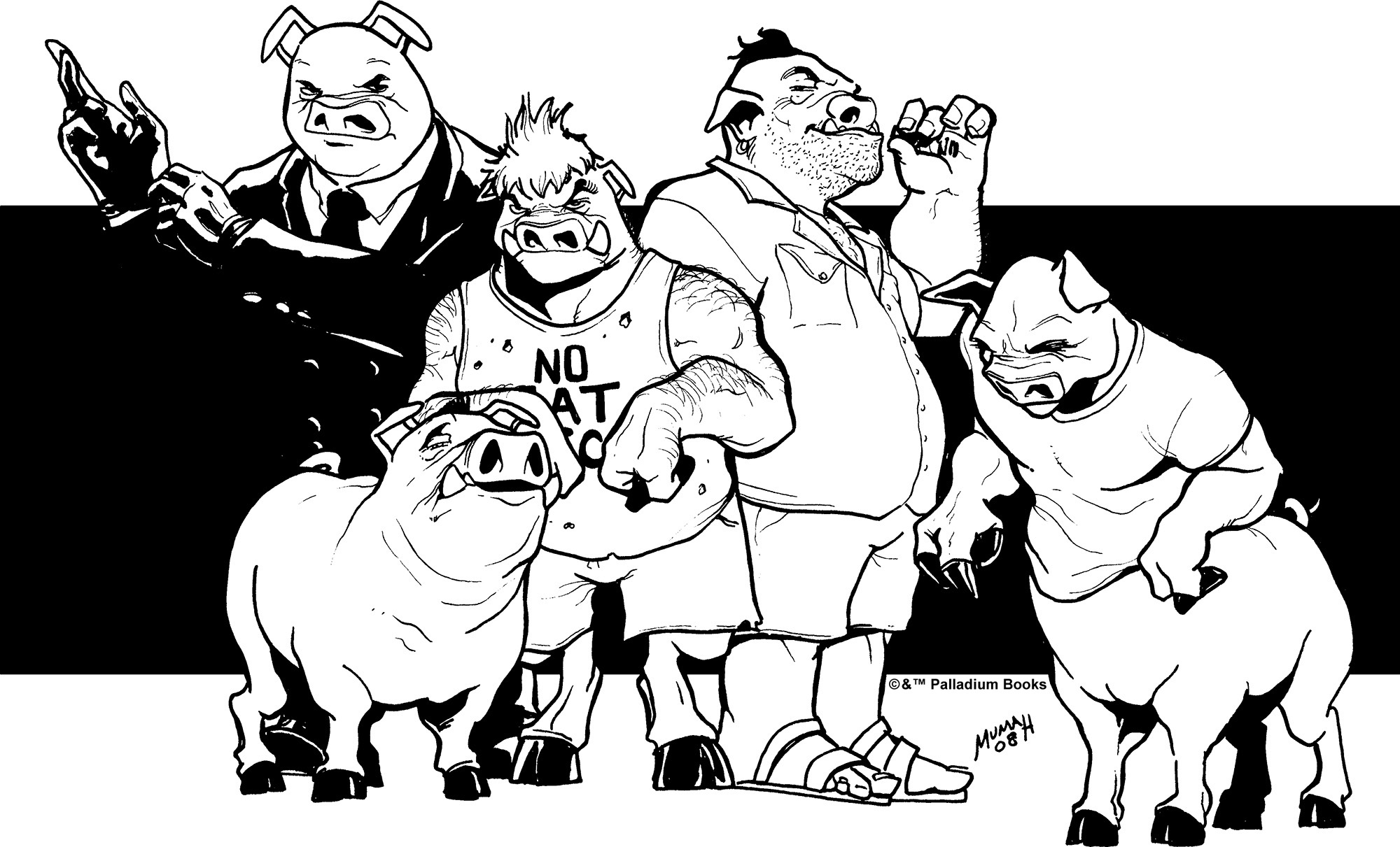 a black and white drawing of various pig people