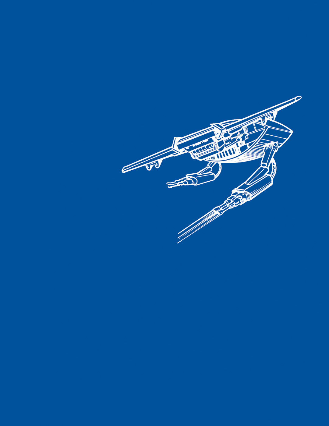 a mechanoid in white outline on a blue background