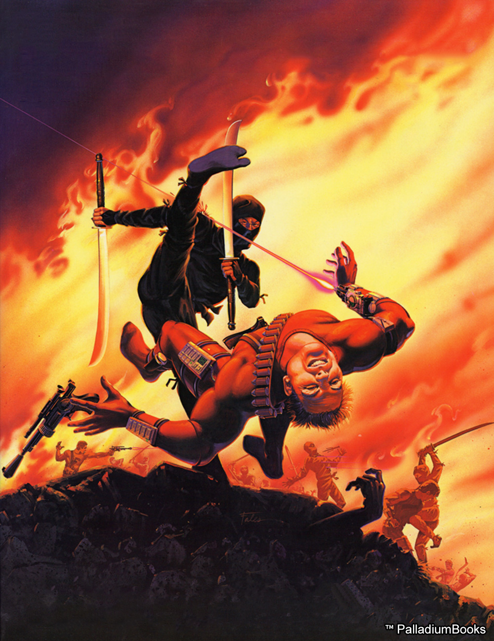 a ninja fighting a spy on a battleground, behind them the sky looks like its on fire
